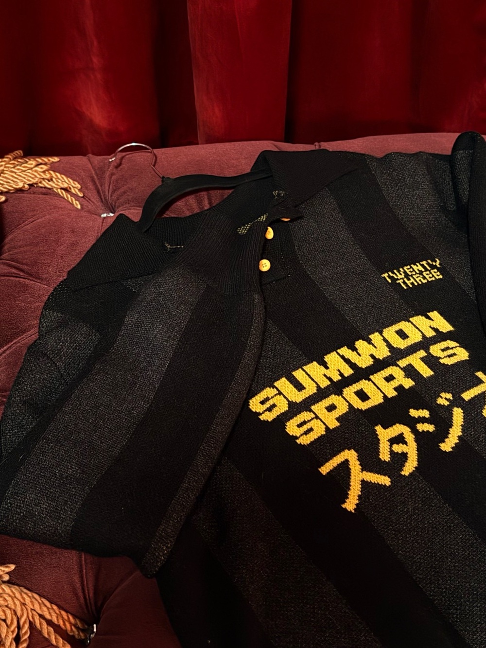 SHEIN Black Oversized Striped Polo Sweater with Yellow Lettering